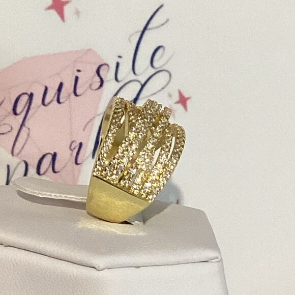 💛18k Gold Wide Band Micro Pave Cz Diamond Crisscross stacked Diamond Ring - Picture 8 of 16